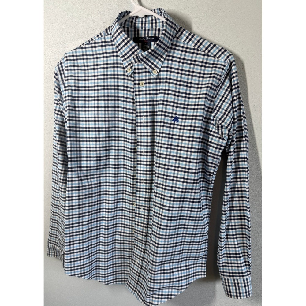 Brooks Brothers Red Fleece Size L Blue/White Check Non-Iron Button Down Shirt
